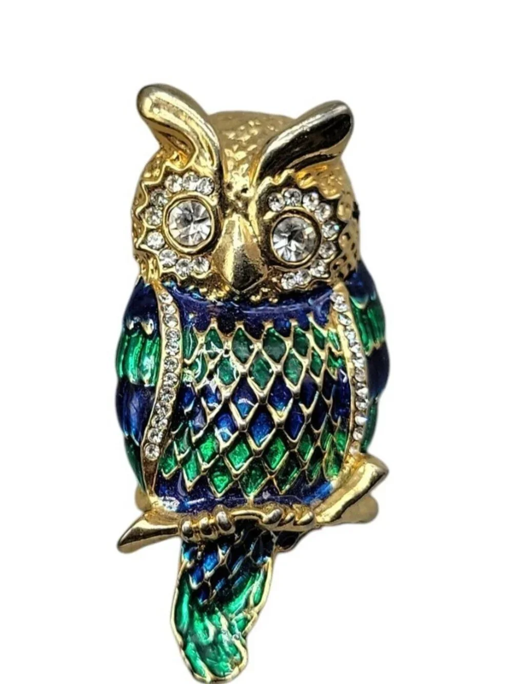 Spinx Rhinestone Enamel Owl Brooch Gold Tone Unsigned Vintage Detailed Pin